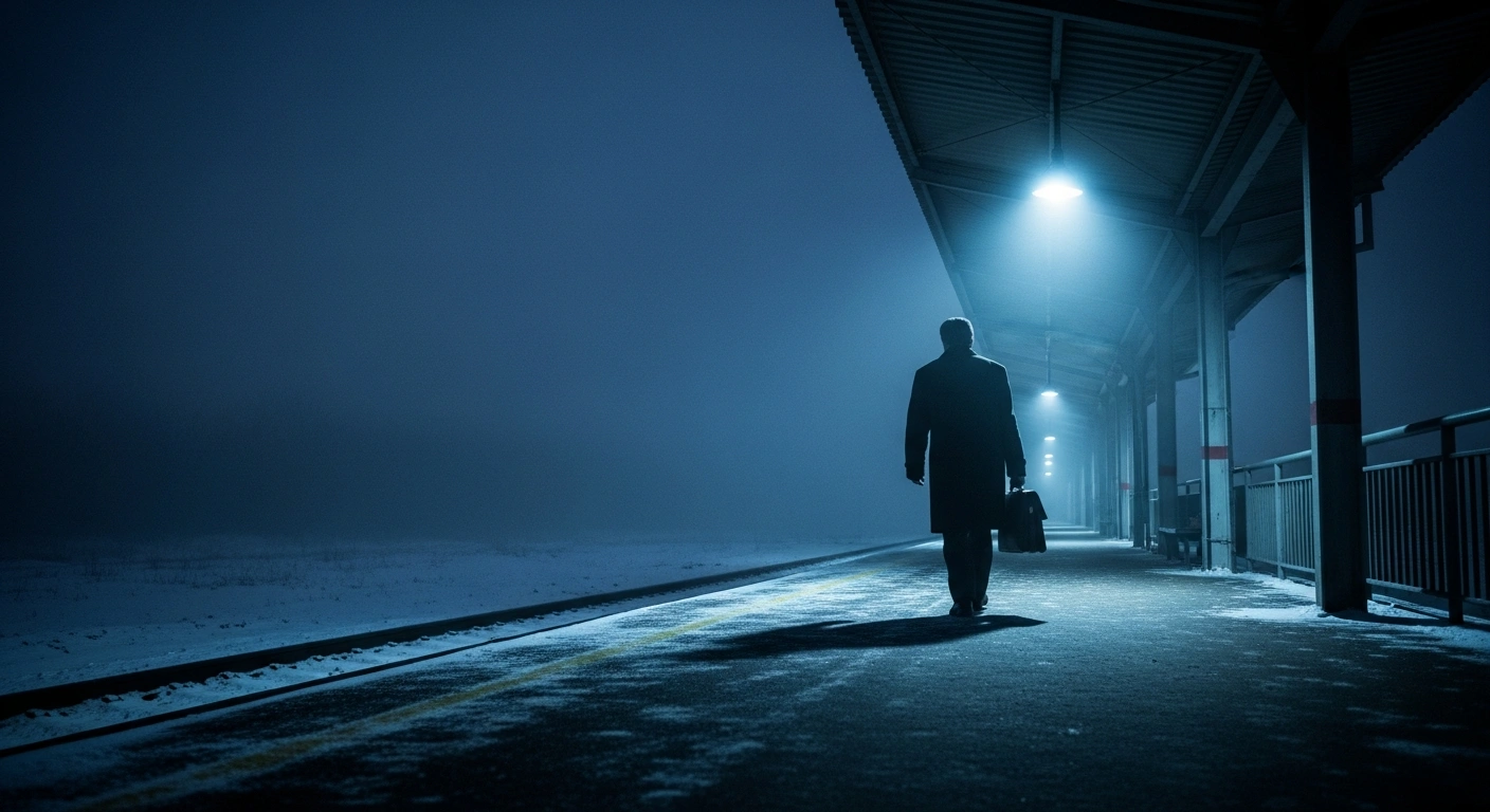 A lone figure representing Russian opposition politician Boris Nadezhdin walks away from a train station as he departs Russia following political exclusion.