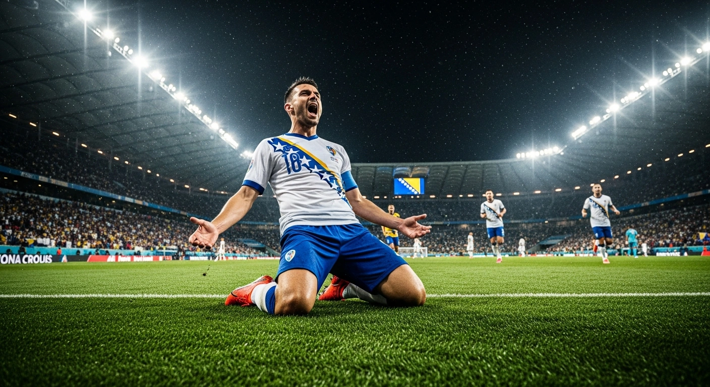 A Bosnian football player celebrates a goal on the field during a 2026 FIFA World Cup match against Qatar.