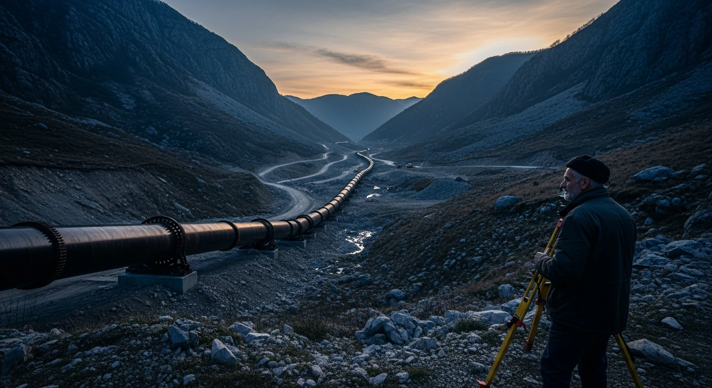 A large industrial gas pipeline project winds through a mountainous landscape in Bosnia and Herzegovina, highlighting concerns over transparency and political influence.