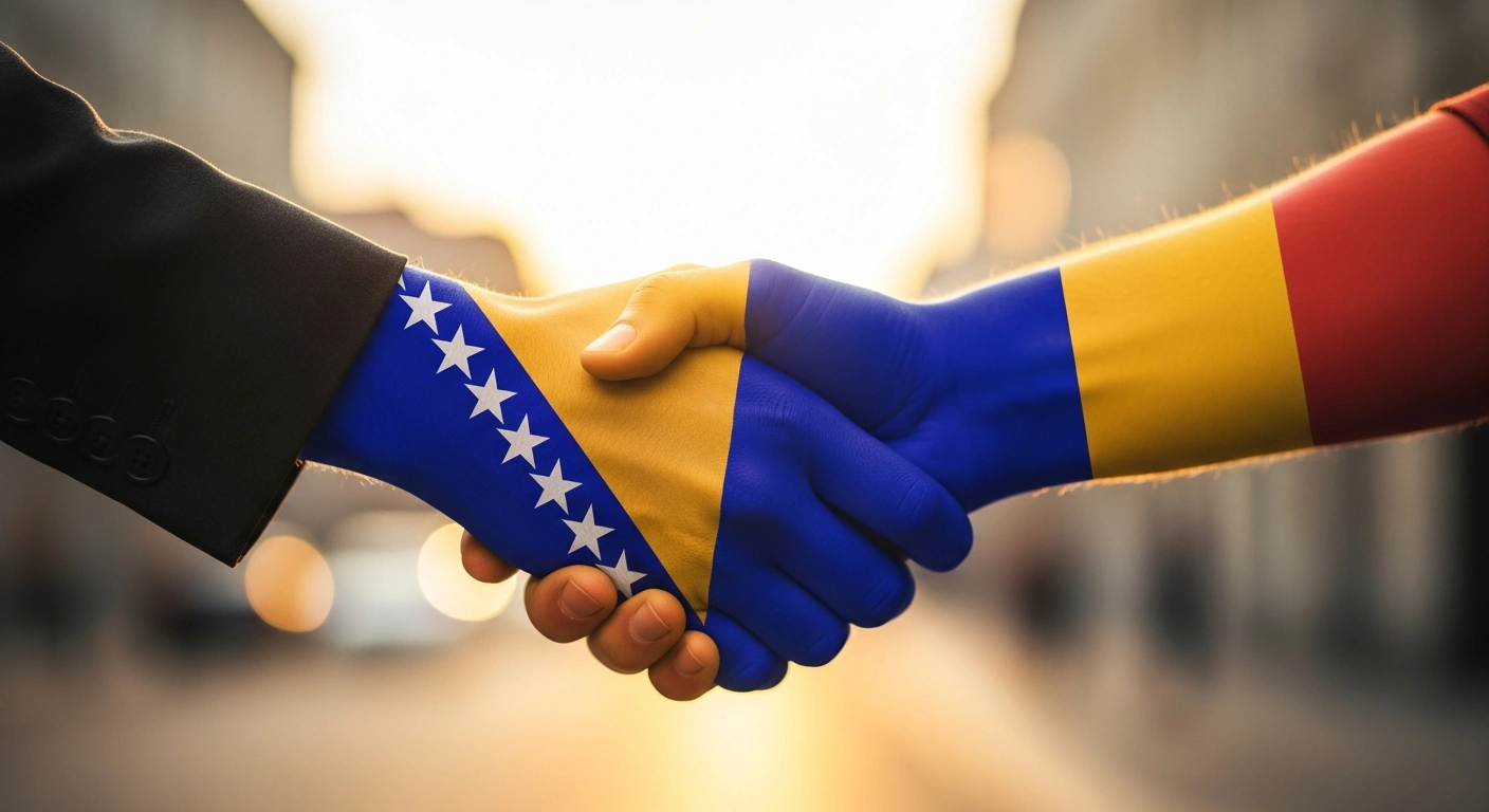 Two hands, one subtly representing Bosnia and Herzegovina and the other Romania, are clasped in a firm handshake against a backdrop symbolizing European unity and stability, commemorating 30 years of diplomatic relations and cooperation, including contributions to EUFOR Althea.