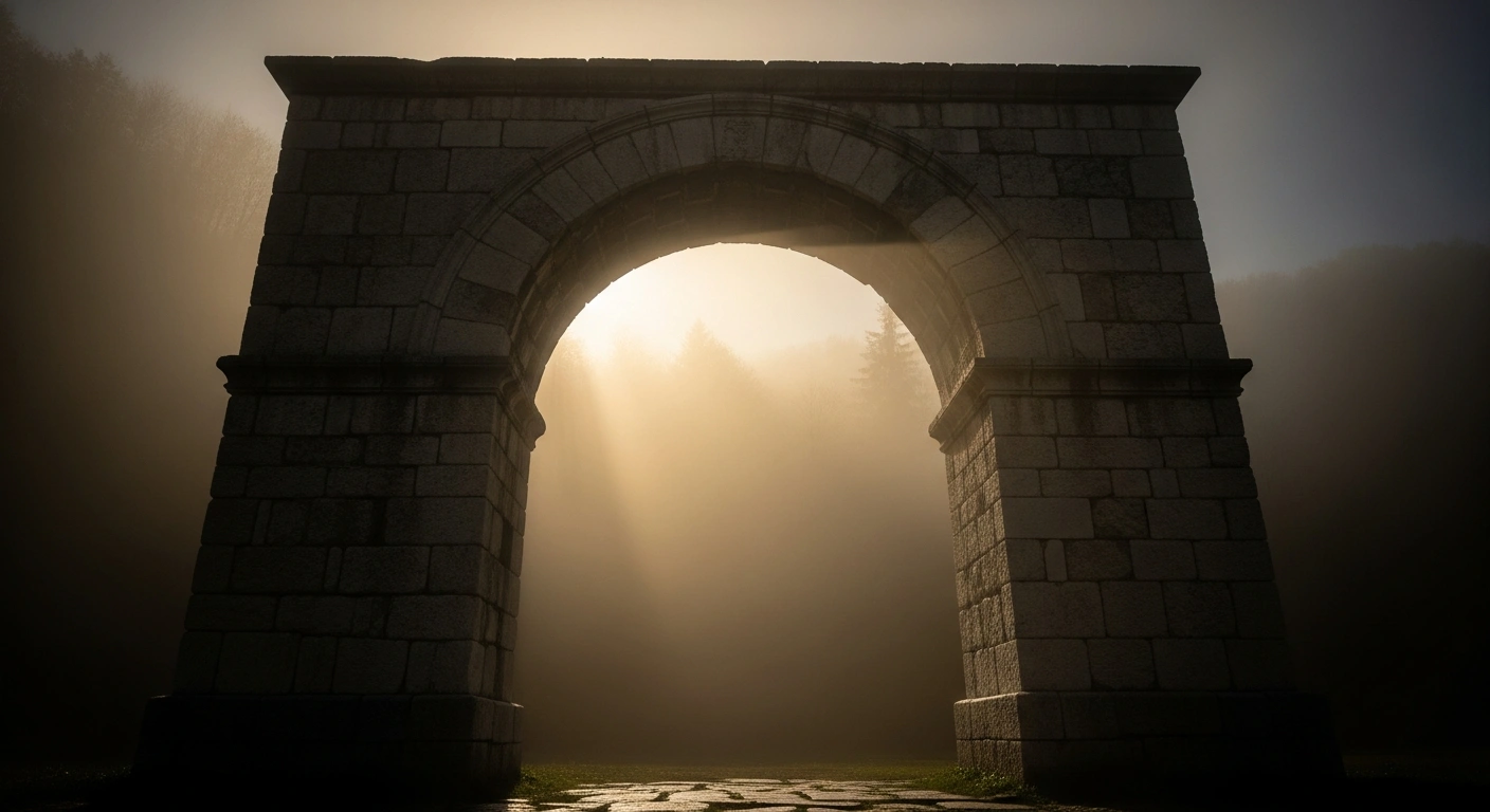 A weathered stone archway, symbolizing Bosnia-Herzegovina's enduring stability, is illuminated by a strong golden light cutting through dark mist, representing the nation's Ambassador refuting claims of extremism and instability made by figures like Milorad Dodik and Max Primorac.