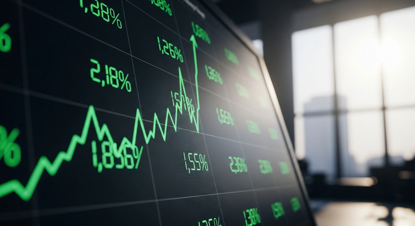A close-up view of a modern digital financial display showing a green graph line surging upwards past a lower target line, representing the successful sale of Bosnia and Herzegovina's Serb Republic's three-month Treasury bills for 75 million marka, surpassing the 60 million marka target at the Banja Luka Stock Exchange auction.