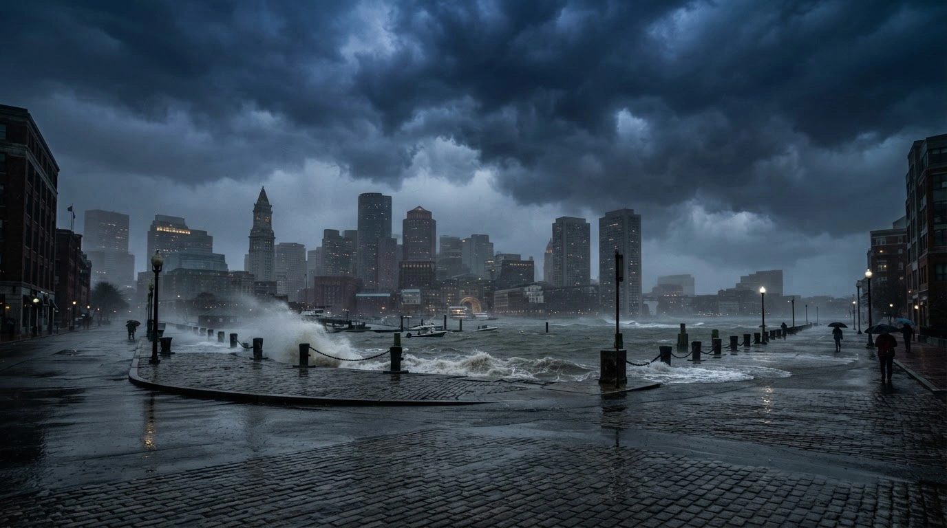 A dramatic view of the Boston skyline under dark, stormy clouds as a rare September nor'easter brings heavy rain and coastal flooding to the city.