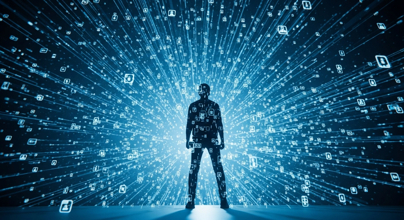 A lone figure stands silhouetted against a swirling vortex of glowing digital data streams, symbolizing coordinated bot attacks and the overwhelming influx of fake followers and bot comments designed to silence critical voices on platforms like Instagram, targeting groups such as Serbia's 'Students in Blockade' and Sloboden Pechat.