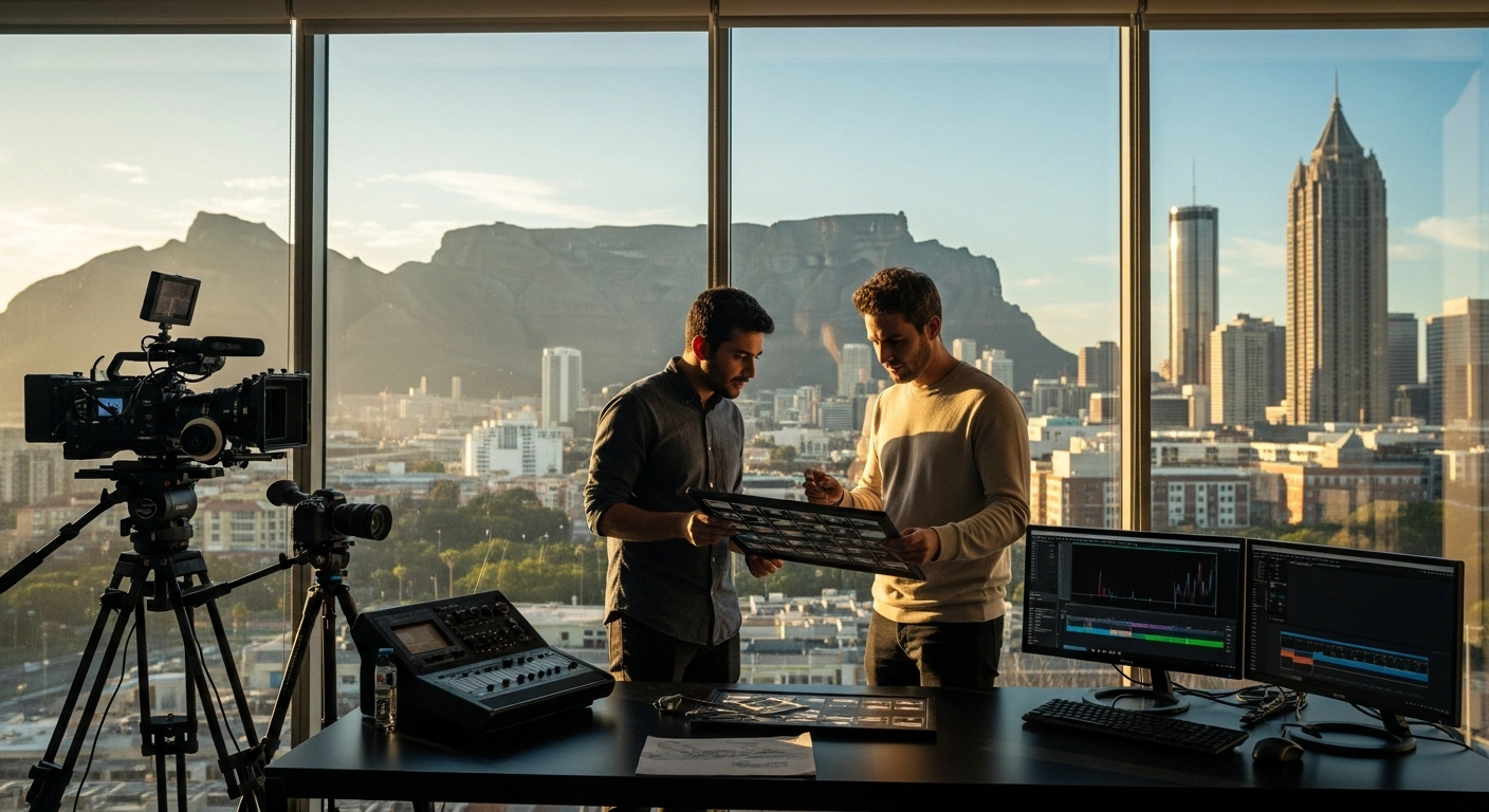 Representatives from South African production company Both Worlds and Atlanta-based Freeli Films collaborate in a modern studio to develop premium microdrama series.