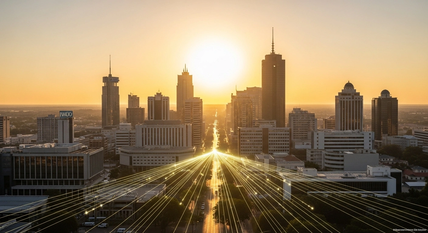 A wide shot of a modern Botswanan cityscape at sunrise, featuring contemporary buildings and subtle glowing lines converging towards the center, symbolizing the new Impact Investment Program which attracted 464 registrations from 77 countries and aims to diversify the economy with a minimum $75,000 contribution.