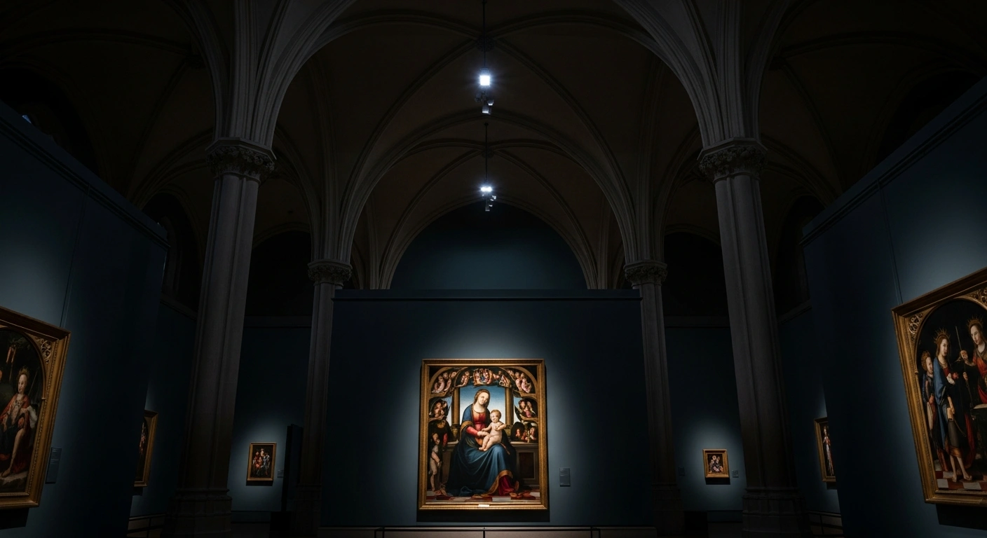 The 15th-century Sandro Botticelli painting Madonna and Child with the Young Saint John the Baptist is displayed on a wall at the Ashmolean Museum.