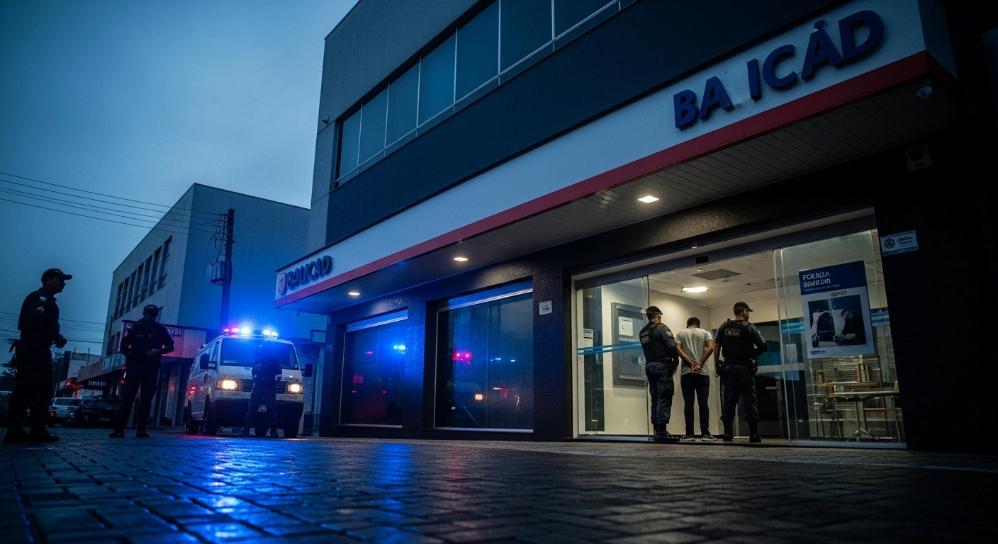 Military police officers in Botucatu, Brazil, apprehend a suspect outside a bank branch following an attempted burglary.