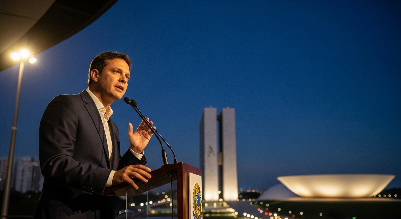 Guilherme Boulos, Brazil's Minister of the General Secretariat of the Presidency, stands at a podium under stage lights, delivering an inaugural address calling for increased taxation on the ultra-wealthy and betting companies, with the modernist architecture of Brasília's Congress building visible in the background.