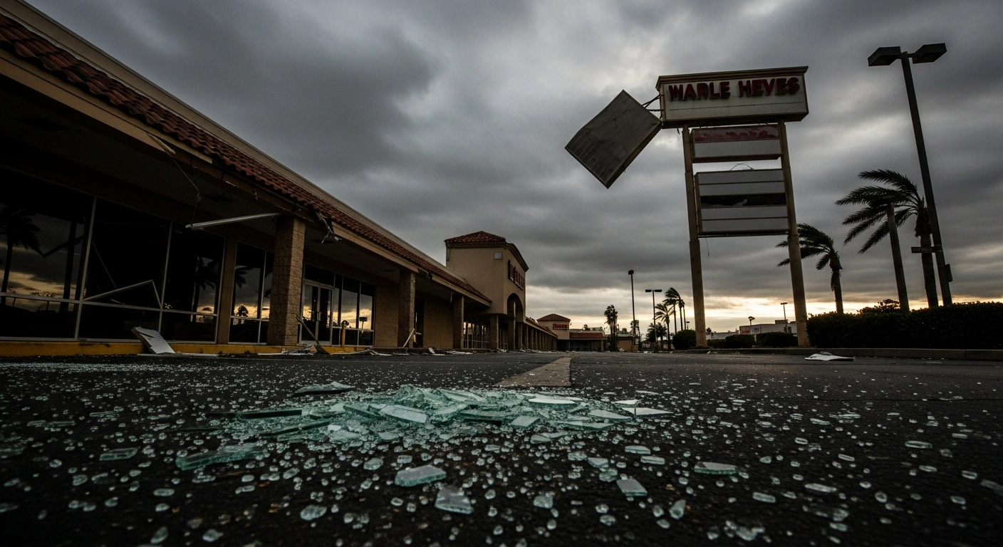 A wide-angle, low-key photograph depicts the aftermath of a rare EF-0 tornado in Boyle Heights, Los Angeles, on Christmas morning, showing a damaged commercial strip mall with shattered windows, torn signs, and debris scattered across the asphalt under a bruised, dark grey sky.