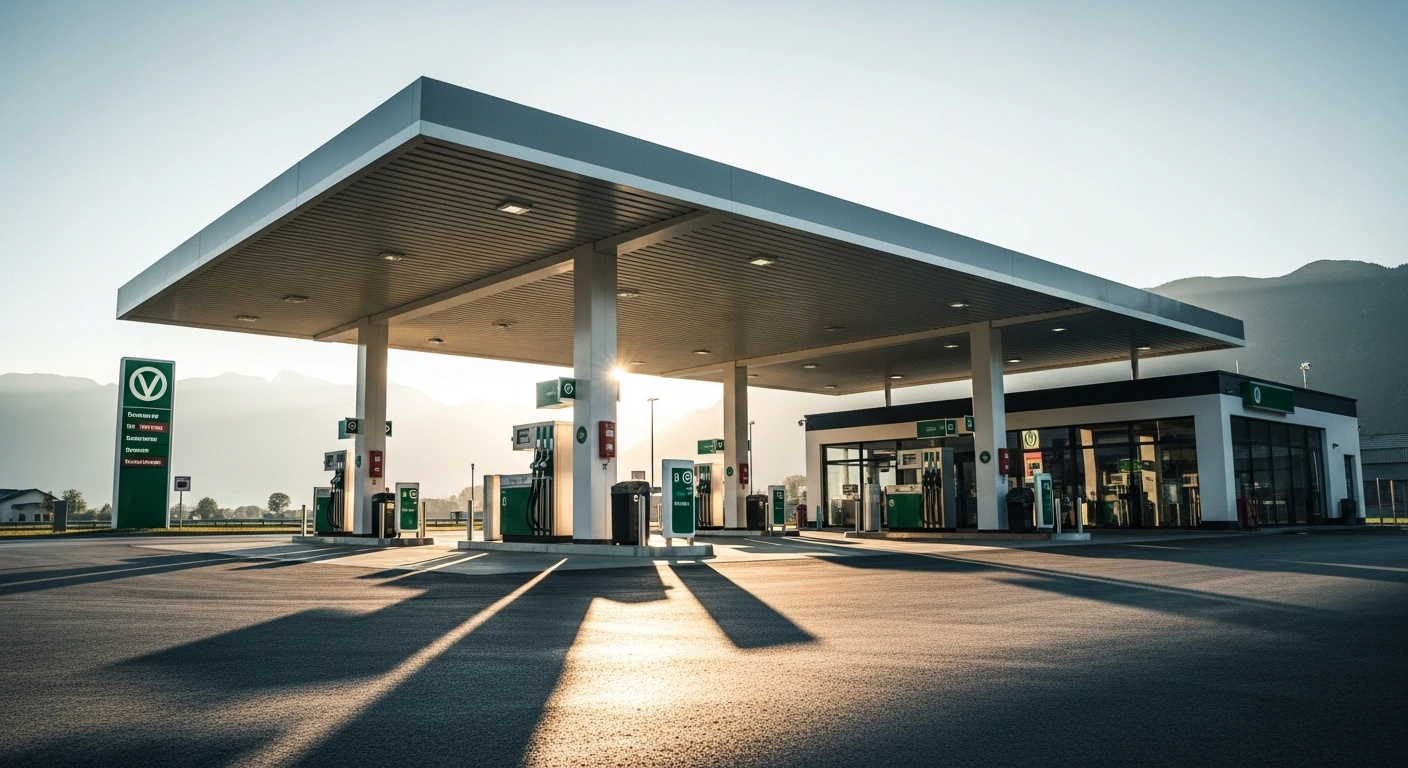 A modern BP service station in Austria featuring both fuel pumps and electric vehicle charging stations as part of a divestment to Volenergy AG.