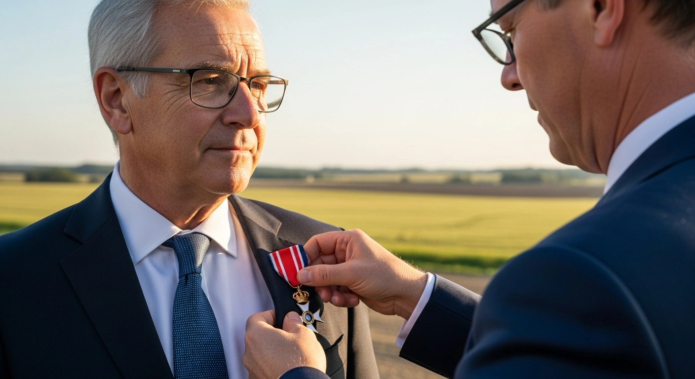 A distinguished man, Bram Govaerts, is honored with the Commander of the Order of the Crown medal being pinned to his lapel by a representative of the King of Belgium, set against a soft-focus background of sun-drenched agricultural fields symbolizing his contributions to global food security.