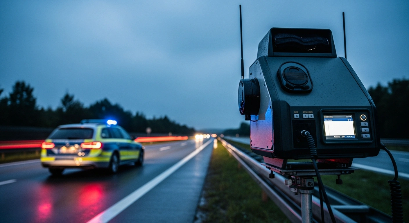 A police radar speed monitoring device sits on a highway in Brandenburg, Germany, during a traffic enforcement campaign.