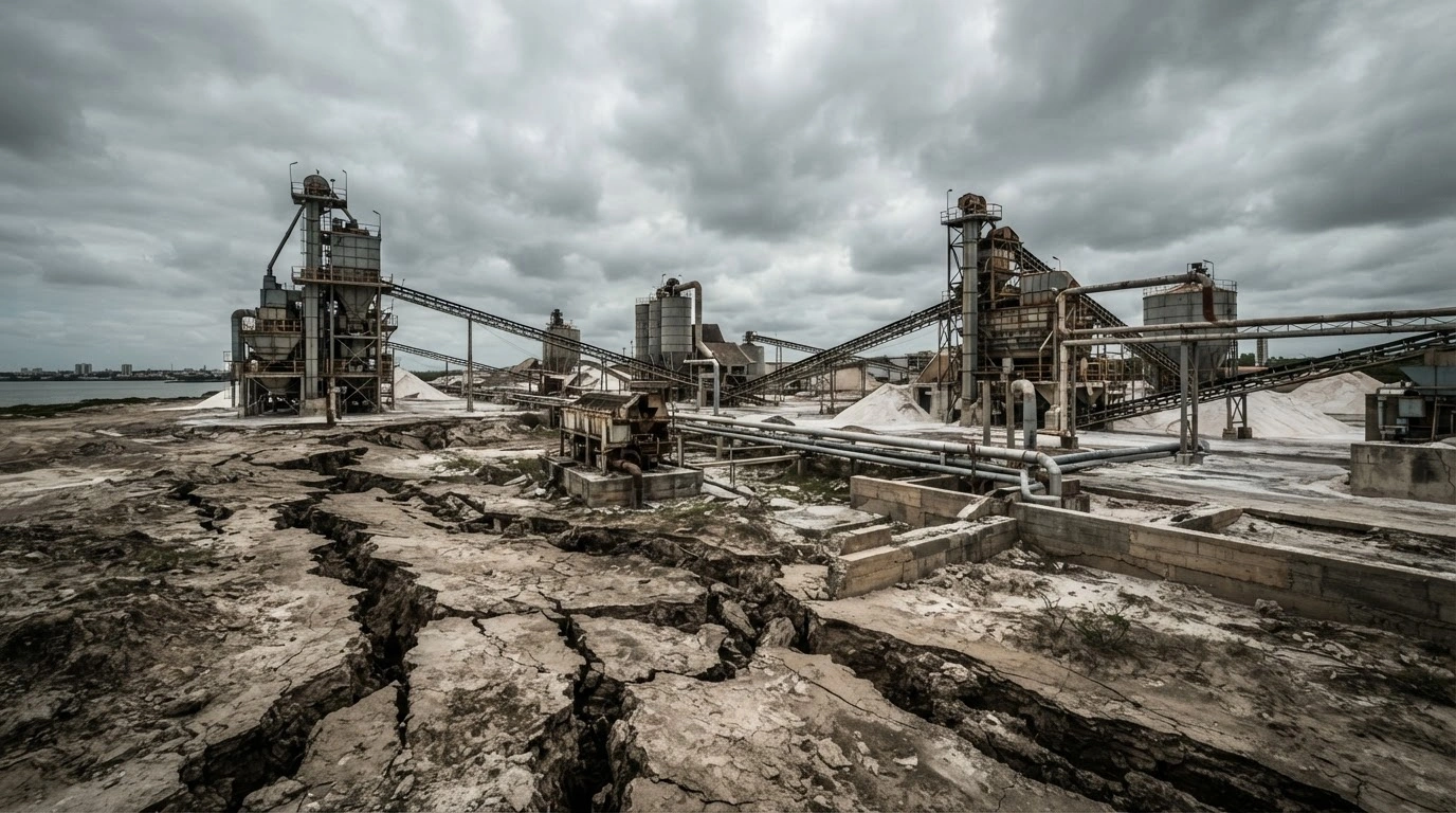 A wide view of a salt mining facility in Maceió, Brazil, showing large cracks in the earth and idle industrial equipment due to geological instability.