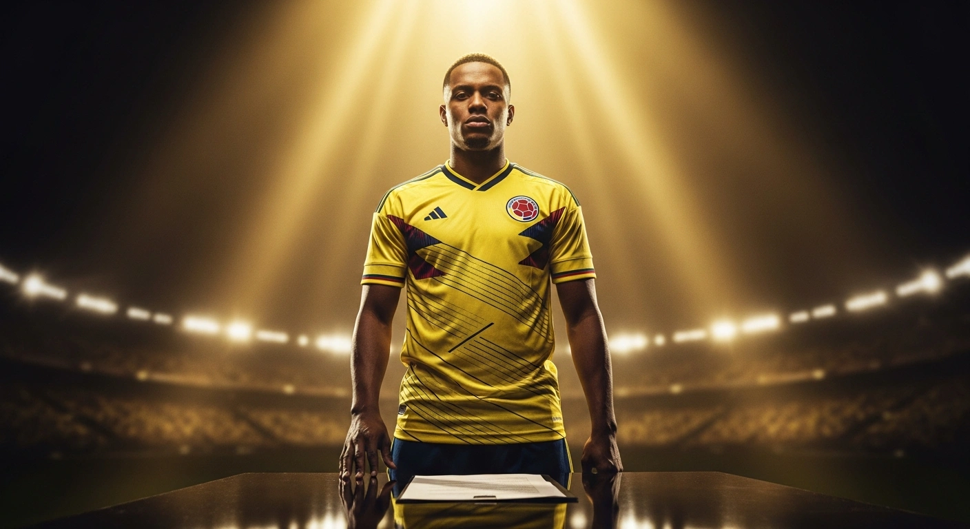 Colombian striker Brayan León, wearing a Mamelodi Sundowns jersey, is captured in a dramatic low-angle shot, his hand poised to sign a document, symbolizing his official transfer to the club.
