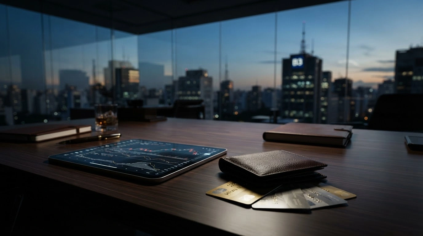 A high-end office desk with luxury credit cards and financial data represents the increased use of high-interest credit among Brazil's wealthiest consumers.