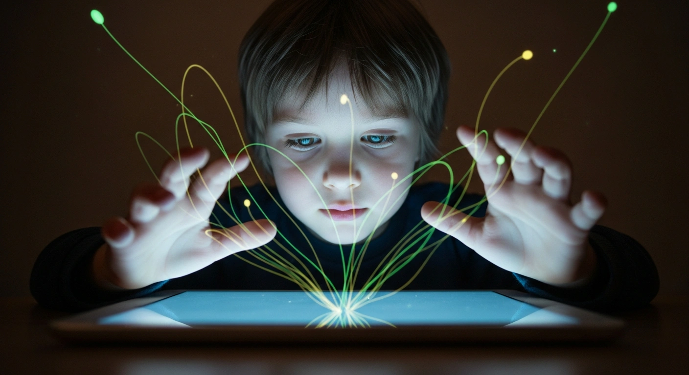 A young child's face is illuminated by a tablet screen, with subtle green and yellow digital light forming a protective barrier around their hands, symbolizing Brazil's new law for robust age verification protecting minors from harmful online content.