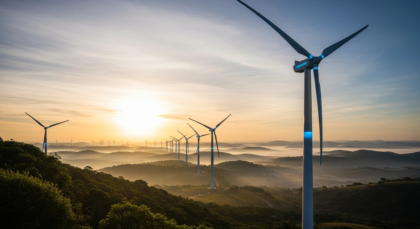 A wide-angle shot at dawn over a vast Brazilian landscape shows numerous towering, sleek wind turbines with subtle blue internal lights, representing the 630MW of AI-enabled turbines supplied by Envision Energy and Casa dos Ventos for Brazil's first net-zero energy project, accelerating energy transition.