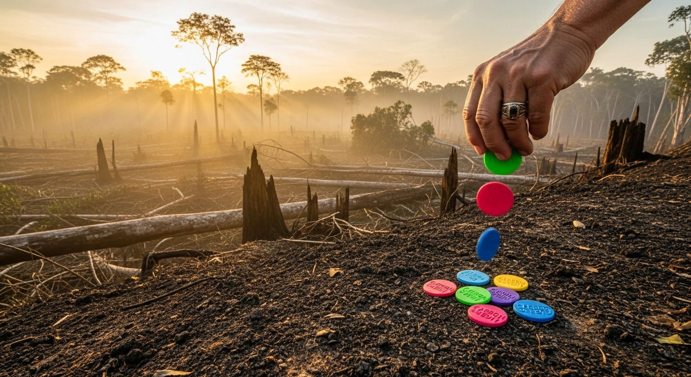 A wide, low-angle shot captures a deforested expanse of the Amazon rainforest under a hazy sunset, where a weathered hand with a ring drops colorful carbon credit tokens onto the scorched earth, symbolizing Brazil's carbon credit fraud scheme involving land-grabbing and illegal timber laundering through REDD+ projects.