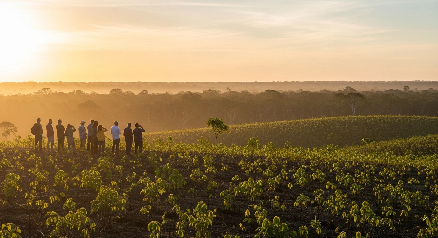 A wide shot of a newly reforested Amazon rainforest at golden hour, with a small group of people observing the vibrant, young trees, symbolizing Brazil's ProFloresta+ initiative to restore 15,000 hectares and generate investments and jobs through carbon credits.