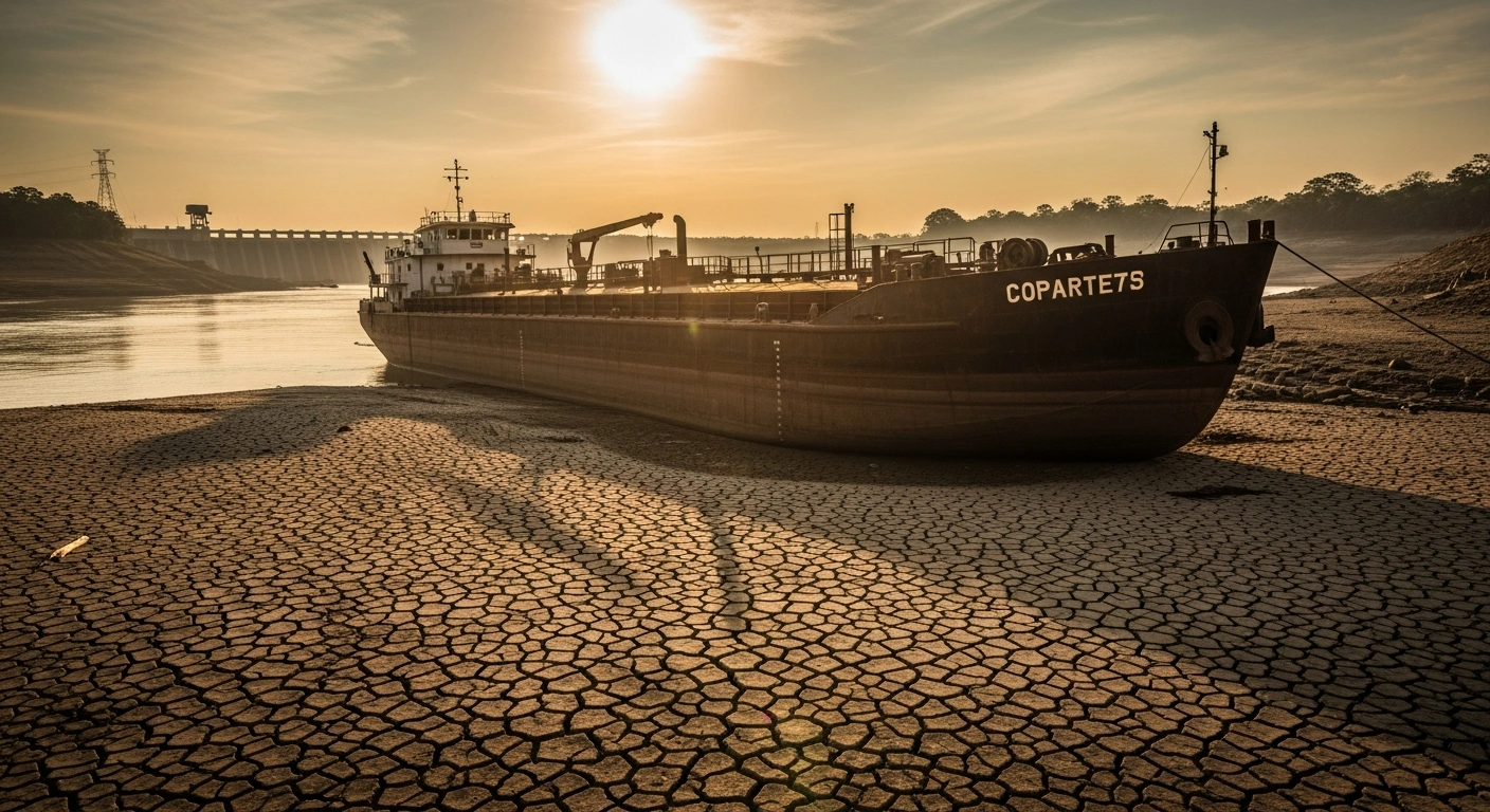 A large fuel barge sits stranded on the dry, cracked riverbed of the Amazon during a severe drought that is impacting energy logistics in Brazil.