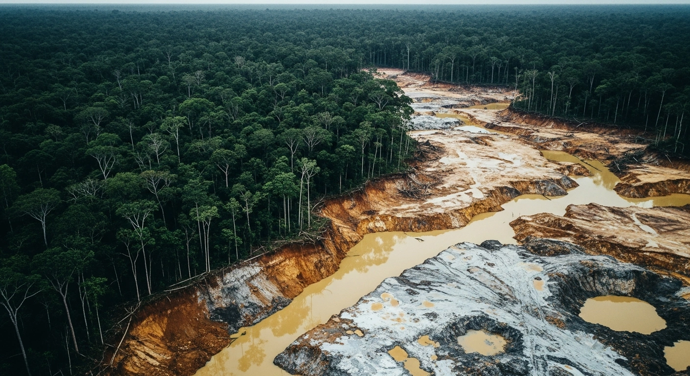 An aerial view shows the environmental destruction caused by illegal gold mining operations within the protected Amazon rainforest in Brazil.