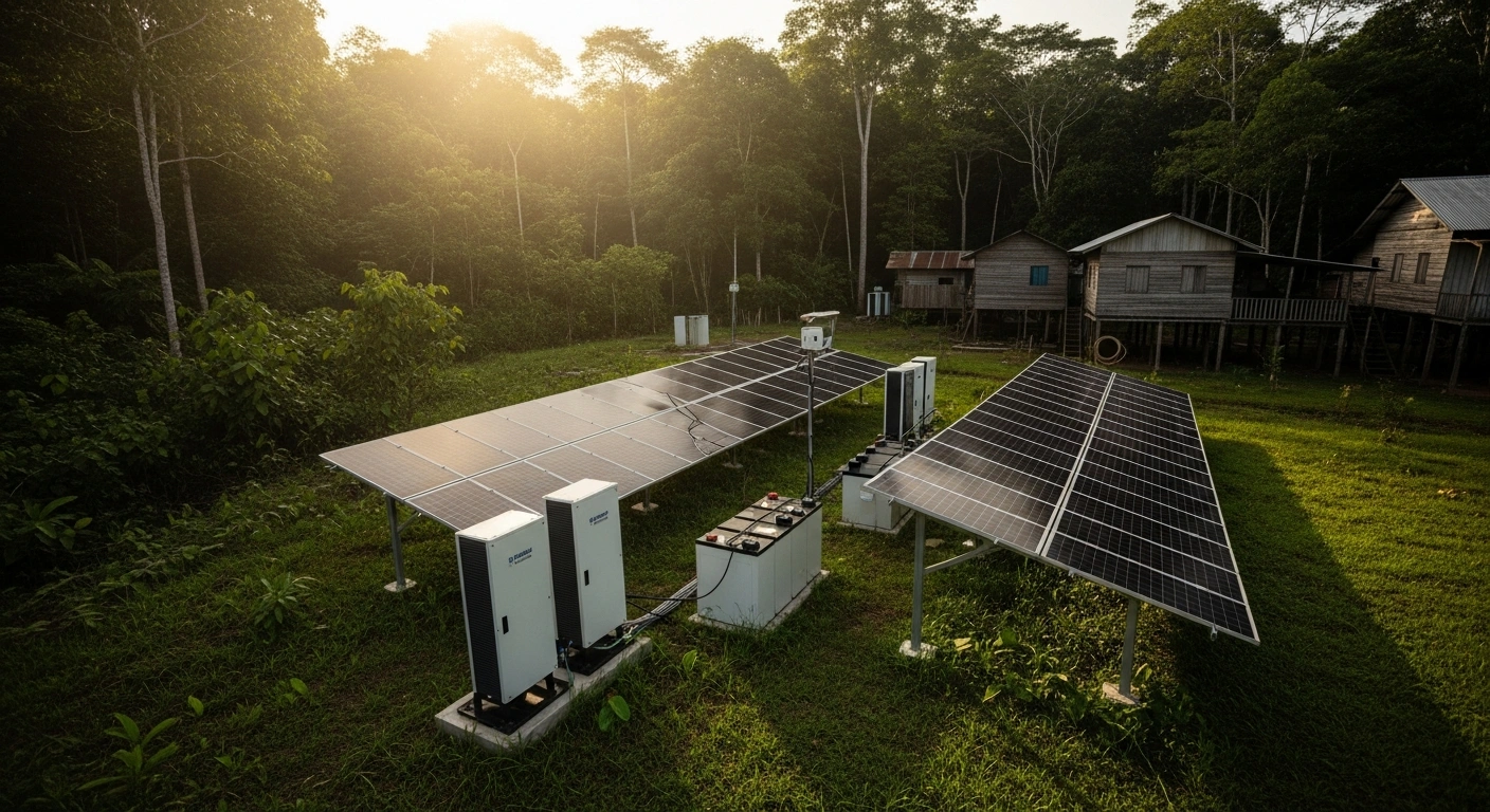 A modern hybrid solar and battery microgrid installation provides sustainable electricity to a remote community in the Brazilian Amazon rainforest.