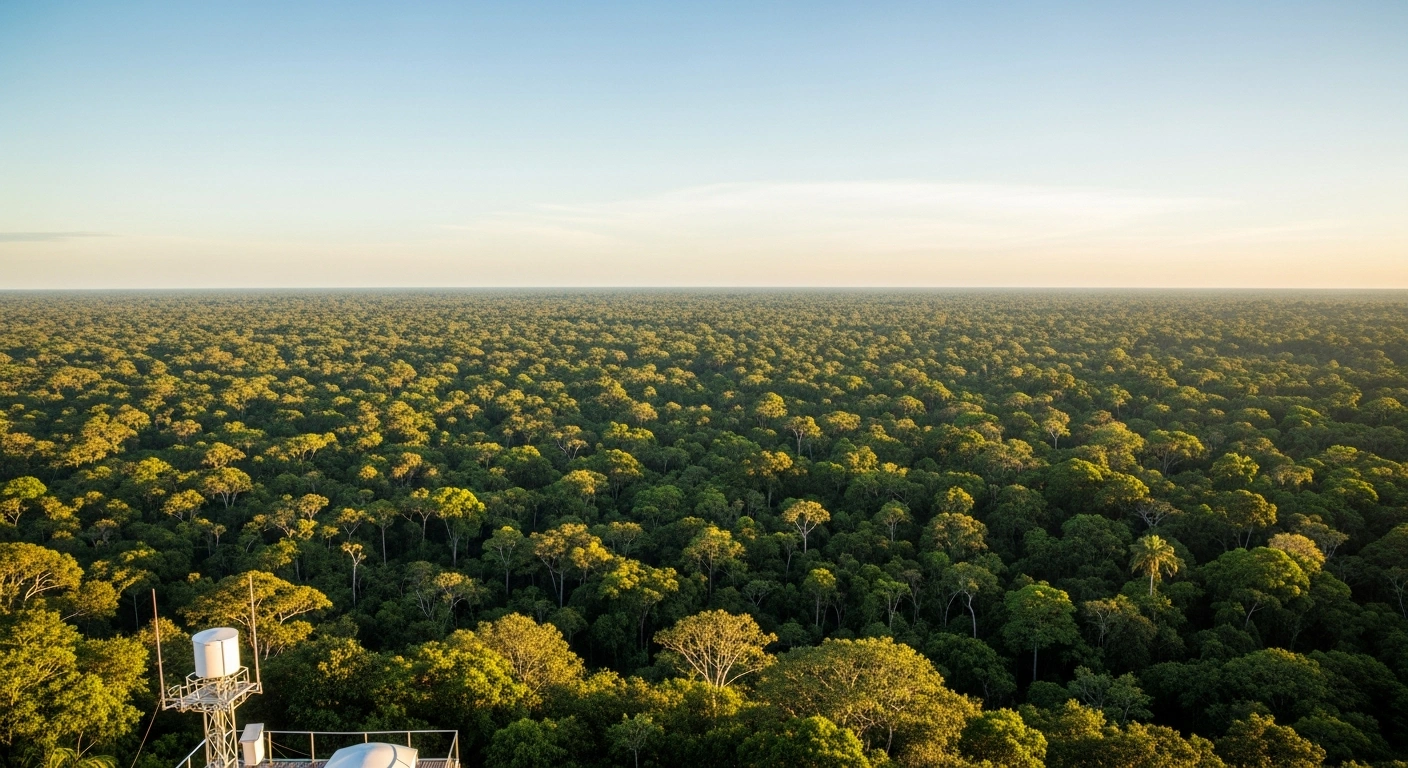 A lush, healthy Amazon rainforest canopy is shown under clear skies, representing the historic decline in wildfire activity across Brazil in 2025.
