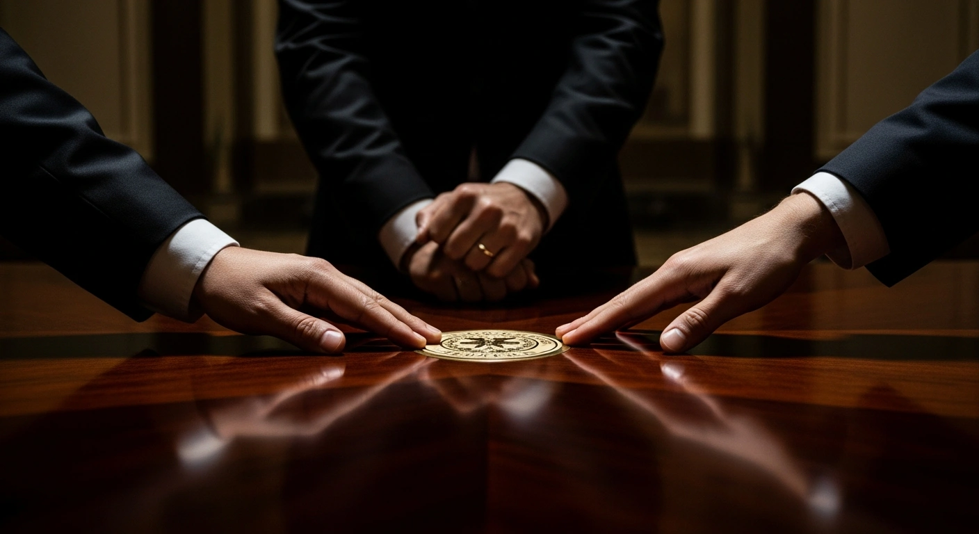 A symbolic image depicting three stylized hands around an ornate diplomatic seal on a polished mahogany table, with one hand formally withdrawing, another slightly clenched, and a third reaching in, representing Brazil concluding its protecting power role for Argentina's diplomatic interests as Italy prepares to assume duties amidst political friction.