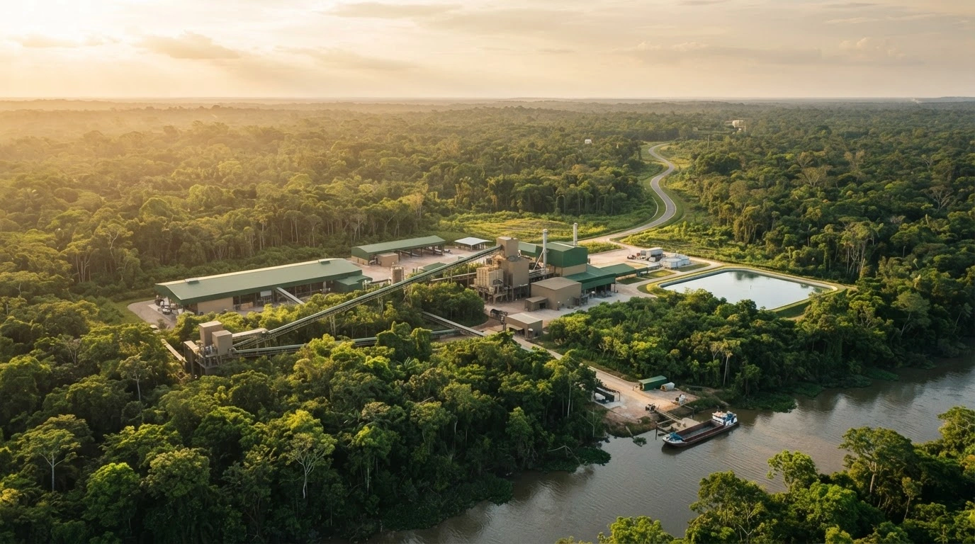 A modern potash mining facility is situated within the Amazon rainforest to support the Autazes Potash Project in Brazil.