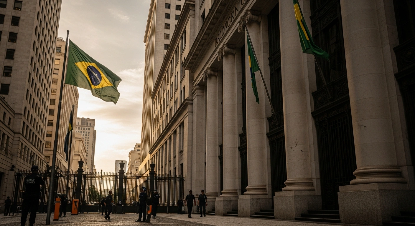 A wide shot of a grand, neoclassical bank building in Brazil with subtle cracks and a tattered flag, symbolizing the liquidation of Banco Master by Brazil's Central Bank due to financial collapse and regulatory scrutiny.
