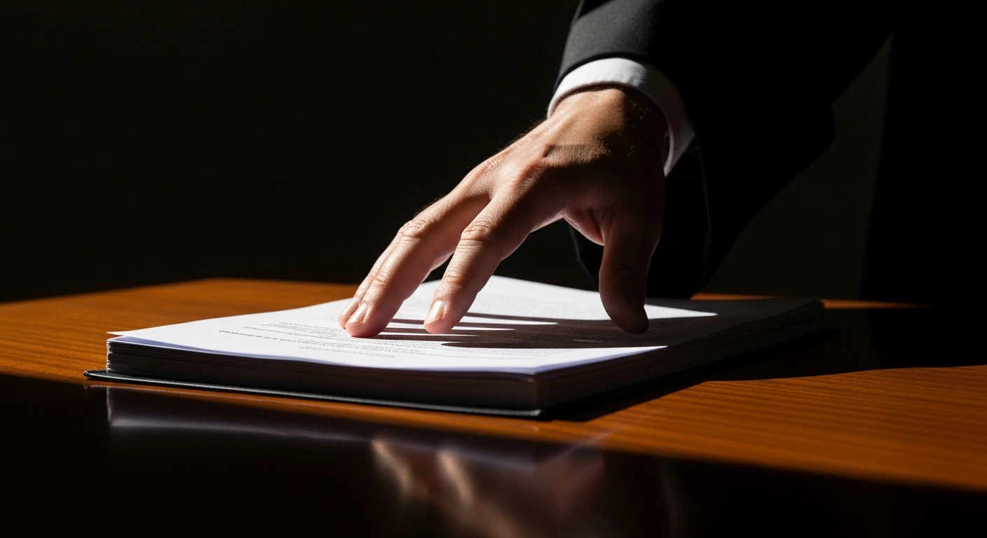 A close-up, low-angle shot shows a judge's hand illuminated by a stark light, revealing a stack of official documents on a dark wooden surface, symbolizing Minister Dias Toffoli of Brazil's Supreme Federal Court lifting secrecy on testimonies in the R$12 billion Master Bank fraud investigation.