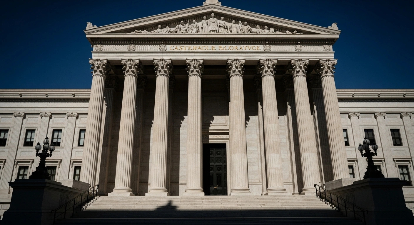 A low-angle, wide shot of a grand, imposing neoclassical building, its facade illuminated by harsh overhead light, casting long, sharp shadows, symbolizing the intense judicial scrutiny faced by Brazil's Central Bank over the liquidation of Banco Master SA following investigations into fraud and regulatory breaches.