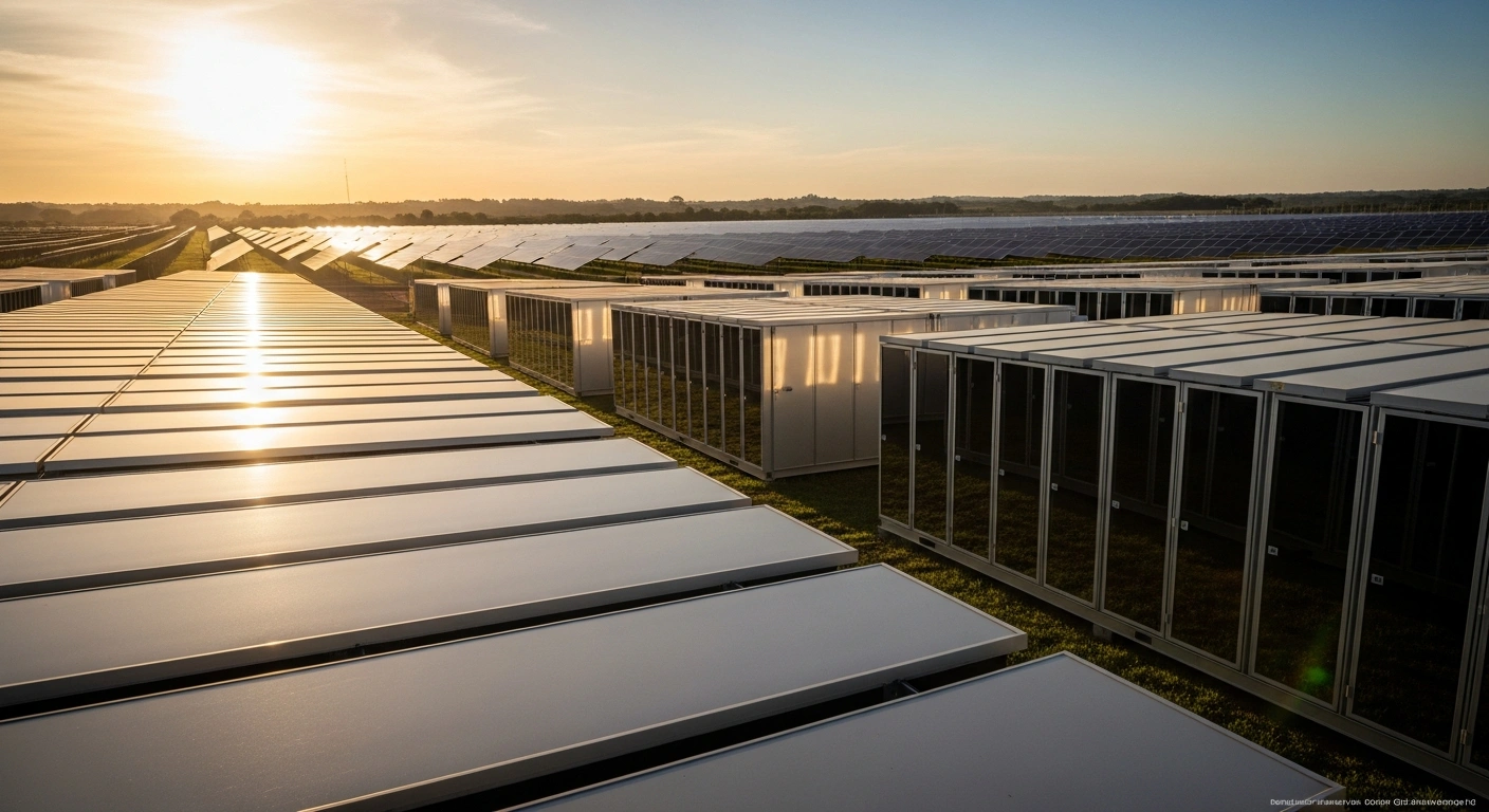 A vast field of battery energy storage systems and solar panels represents Brazil's growing investment in renewable energy infrastructure.