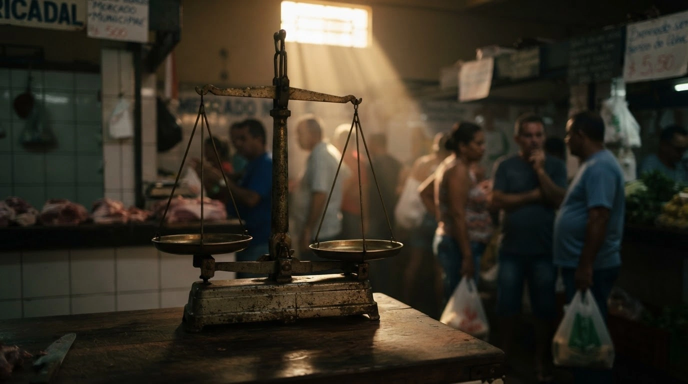 An empty butcher scale sits on a market counter in Brazil as rising beef prices and food inflation impact the economic concerns of voters.