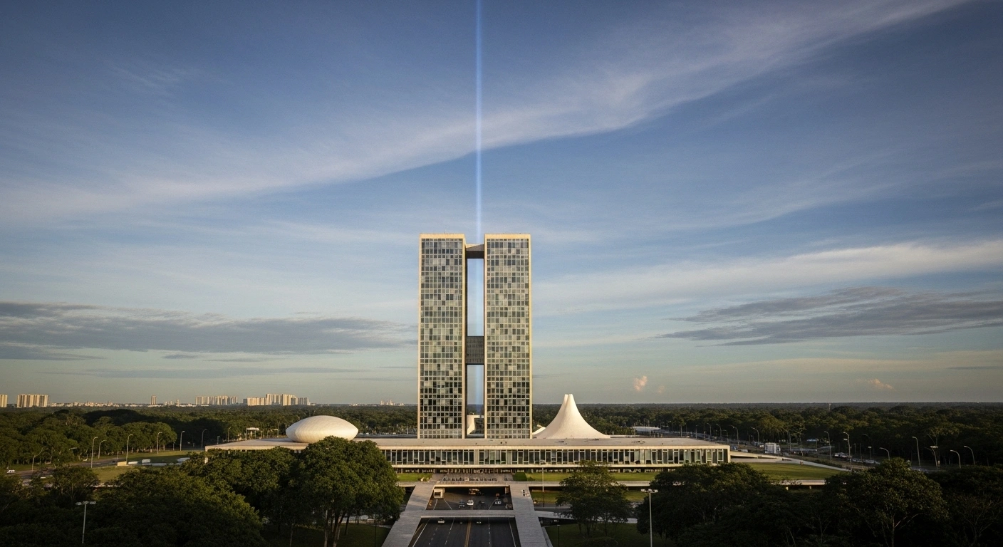 A modern architectural building in Belém, Pará, is illuminated by a golden light and a celestial beam, set against a verdant Amazonian rainforest backdrop, symbolizing Brazil's temporary capital transfer for the COP30 climate conference to highlight the Amazon's environmental significance.