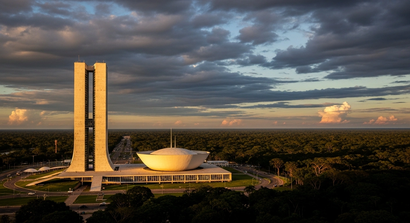 A low-angle, golden hour photograph of a modern architectural landmark in Belém, Brazil, with the vast Amazon rainforest stretching into the background, symbolizing the symbolic transfer of the federal capital to Belém for the COP30 climate conference and Brazil's commitment to environmental diplomacy.