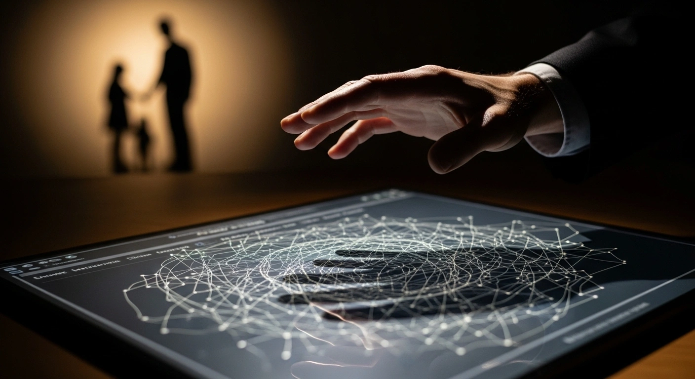 A strong, authoritative hand casts a long shadow over a glowing digital interface where chaotic lines are being blocked, with a subtle, warm silhouette of a family in the background, symbolizing Brazil's Ministry of Finance and Digital Council's agreement to protect consumers and minors from unlicensed online betting advertisements.