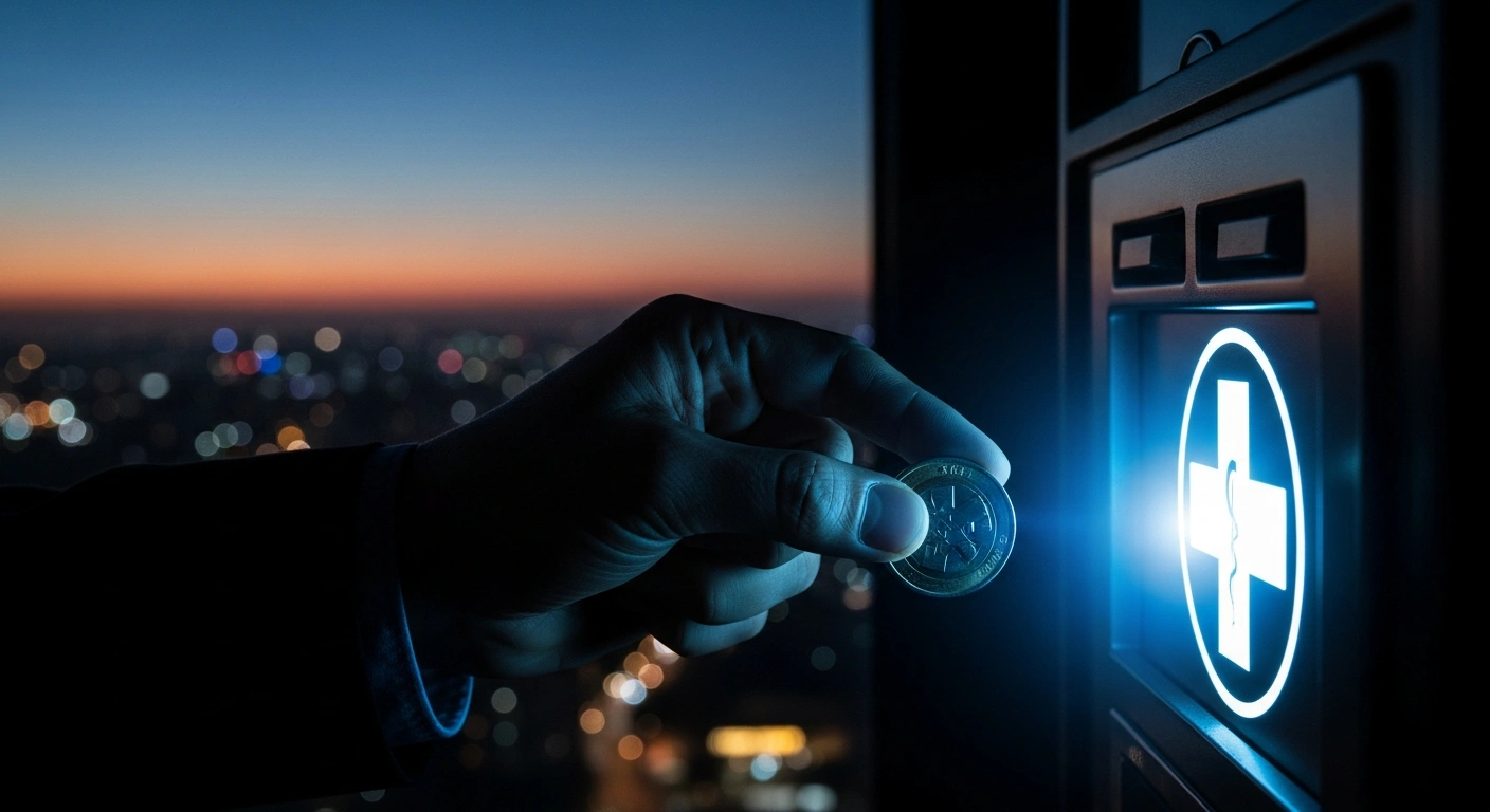A silhouetted hand places a large coin into a slot shaped like a glowing medical cross, representing Brazil's proposed surcharge on internet betting operators to fund public health initiatives for gambling disorders, with a blurred Brazilian cityscape in the background.