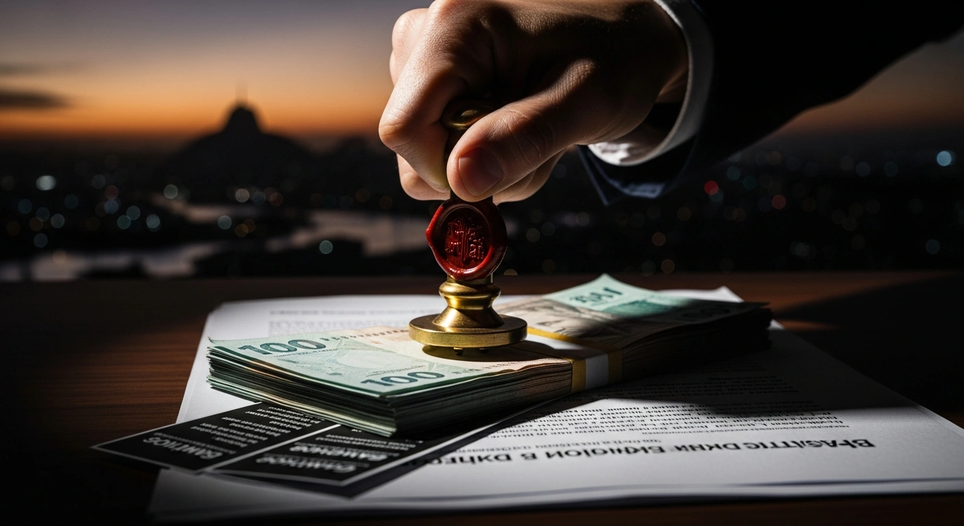 An authoritative hand presses a ceremonial seal onto a stack of currency and digital betting slips, set against a blurred backdrop of a Brazilian cityscape at dusk, symbolizing the Brazilian government's push for new legislation to tax betting operators, increase federal revenue, and enhance regulatory oversight.