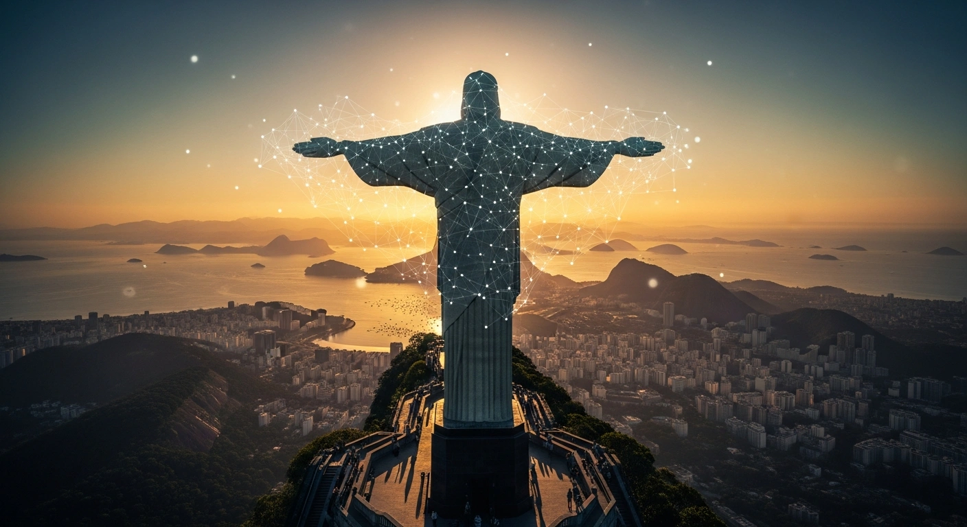 A wide shot of the Christ the Redeemer statue in Rio de Janeiro at sunset, with subtle digital lines emanating from its base, symbolizing Brazil's proposed Strategic Sovereign Bitcoin Reserve (RESBit) to diversify national assets and integrate cryptocurrency into its financial strategy.