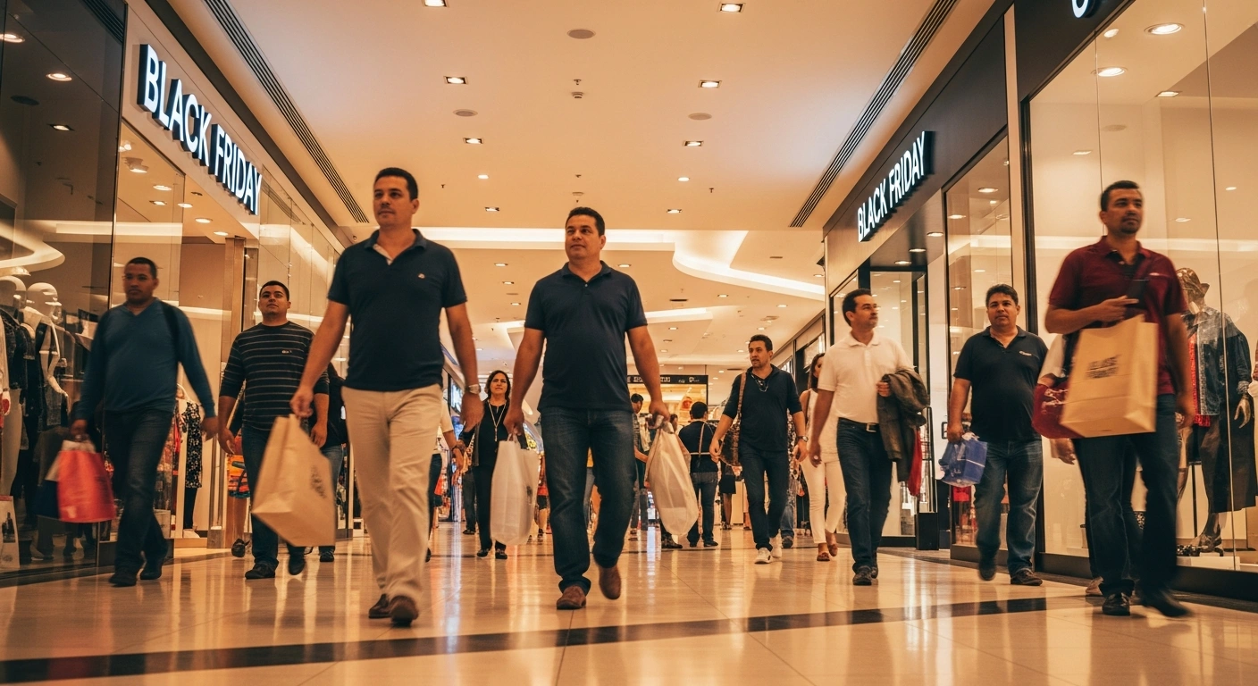 A bustling, modern Brazilian shopping mall is filled with diverse shoppers carrying numerous bags, illustrating the projected record-breaking R$ 5.4 billion in retail sales and 2.4% growth during Brazil's Black Friday season, driven by favorable economic conditions.