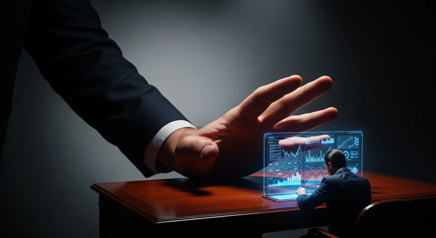 A large, shadowed hand casts an imposing shadow over a figure at a desk examining glowing financial projections, symbolizing the Brazilian Federal Court of Accounts' warning to President Lula's administration to freeze R$34 billion in the 2026 budget for stricter fiscal targets.
