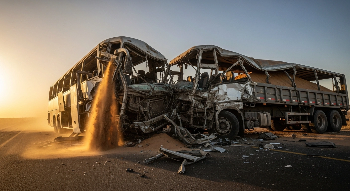 A wide, low-angle view at dawn shows the mangled wreckage of a passenger bus and a heavy-duty truck after a head-on collision on a desolate Brazilian federal highway, with fine sand spilled from the truck covering the debris, signifying a tragic accident with fatalities and injuries.