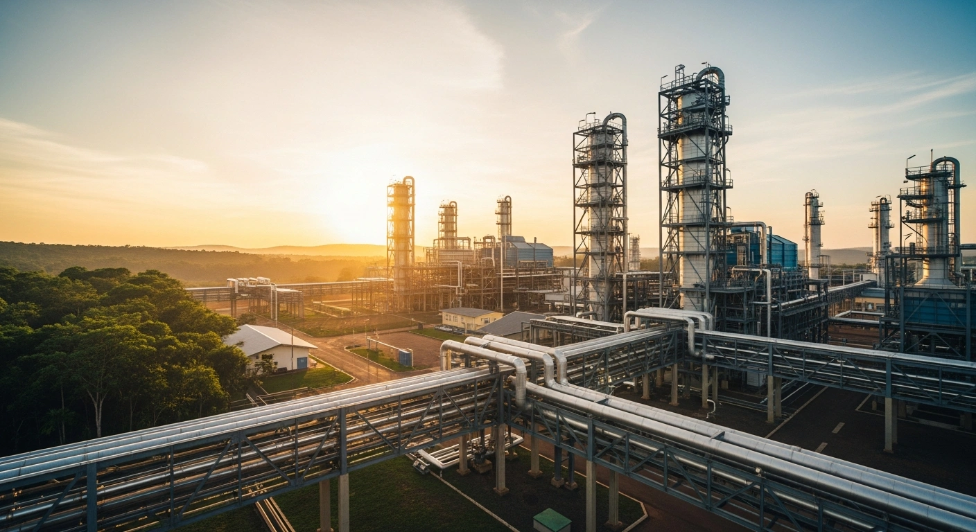 A modern carbon capture and storage facility stands in a lush Brazilian landscape as part of the country's new decarbonization regulatory framework.