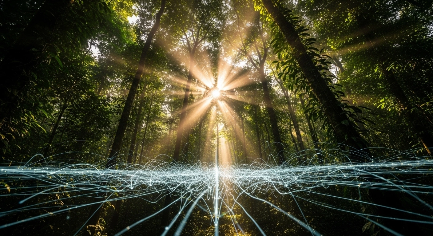 A low-angle shot through a vibrant Amazon rainforest canopy at dawn, illuminated by golden light, where ethereal luminous lines representing global data connections interweave below, symbolizing Brazil's proposed 'Open Coalition for Carbon Market Integration' to harmonize and link carbon credit trading systems.