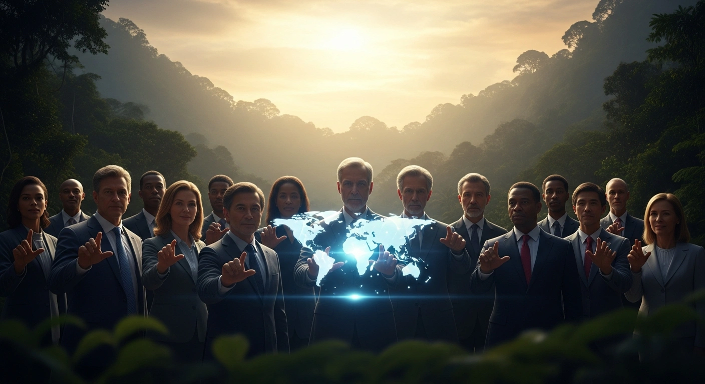 A diverse group of world leaders, representing the 18 nations of the Open Coalition on Compliance Carbon Markets, stands in a lush, verdant setting under a golden-hour sky, illuminated by a glowing holographic world map symbolizing their commitment to global carbon pricing and decarbonization efforts launched at COP30 in Belém, Brazil.