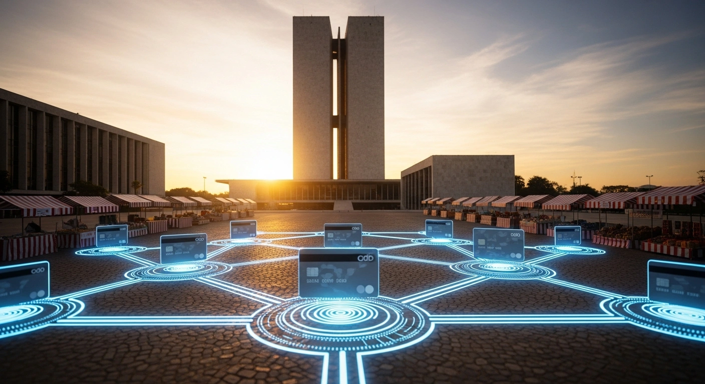 A grand building representing Brazil's Central Bank stands under a golden sunrise, with glowing blue digital pathways securely linking stylized payment cards to bustling merchant stalls, illustrating the new regulations making card brands responsible for guaranteeing transaction payments to merchants.