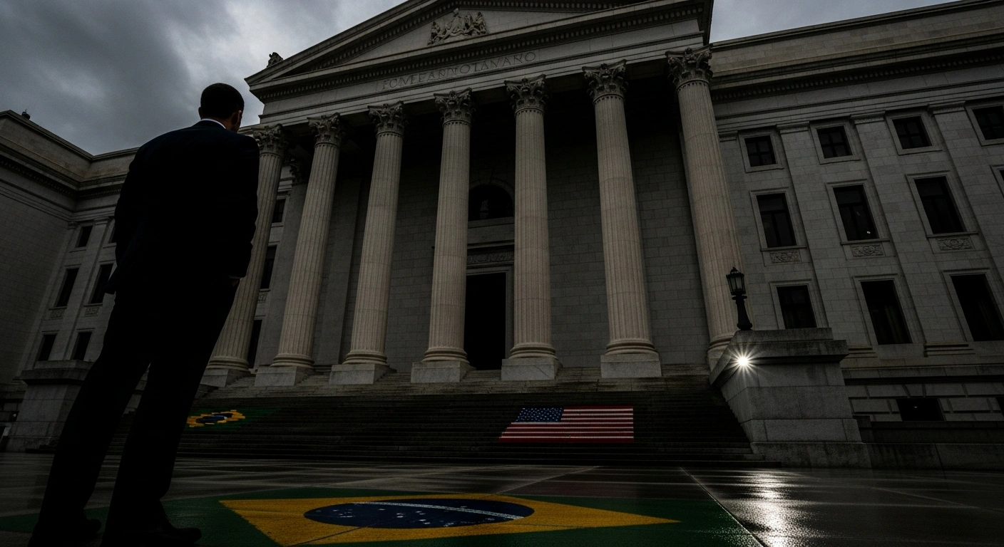 A lone, sharply dressed figure stands before a grand, classical courthouse under a turbulent sky, with subtle reflections of Brazilian and American flag colors on the wet pavement, symbolizing the Workers' Party's request for the Supreme Court to investigate Rio de Janeiro Governor Claudio Castro for allegedly endangering national sovereignty by negotiating with the US government.