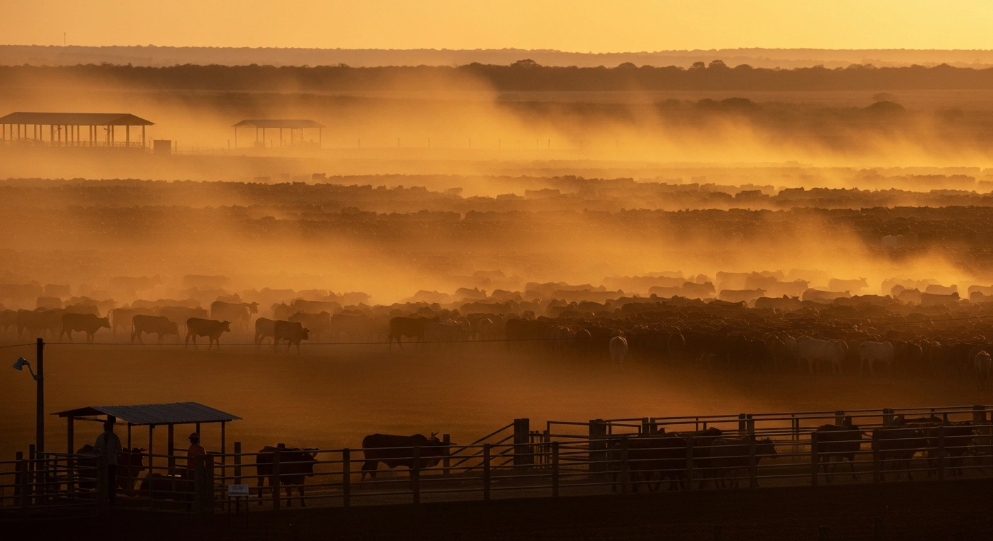 A wide, low-angle shot of a vast Brazilian cattle herd at sunset, with industrial structures in the background, symbolizing the record high cattle slaughter and beef exports driven by Chinese demand.
